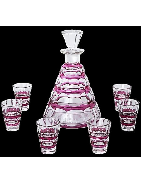 Service à liqueur en cristal Val Saint Lambert, série Muscadet Rosé, carafe avec 6 verres à facettes, conçu par Graffart en 1957