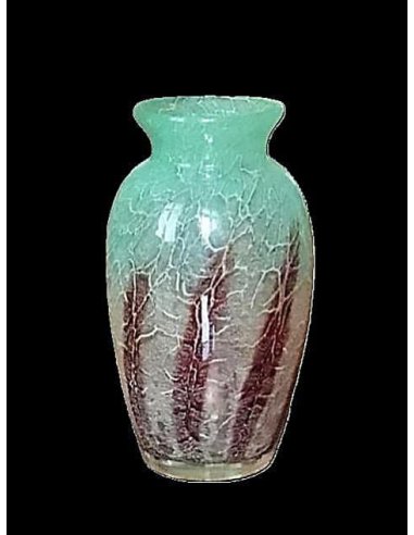 Art Déco Vase aus Ikora-Glas von WMF aus farblosem Glas, hellgrünem Innenüberfang und roten Pulvereinschmelzungen