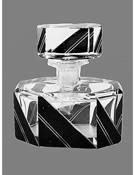 Flacon de parfum d'Art Déco en cristal taillé avec peinture à la soudure noire de Bohême
