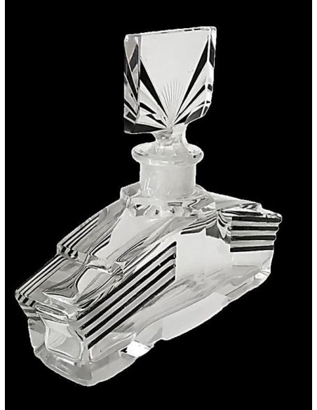 Kristall Flakon mit Schliff und Schwarzlot Bemalung, Böhmen 30er Jahre.