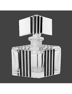 The parfume bottle is made of cut crystal with black solder paint, typical of Bohemian glass art of the 1930s.