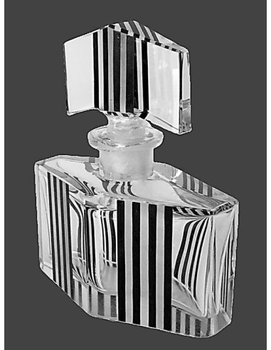 Parfüm-Flakon aus geschliffenem Kristall mit schwarzer Lötfarbe, typisch für die böhmische Glaskunst der 1930er Jahre.