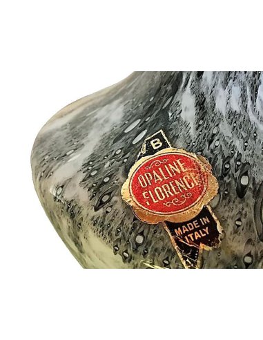 Adhesive label from Opaline Florence Made in Italy on vase with handle made of opal glass by Barbieri Vetreria, Empoli.