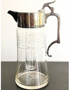 Grande cruche Art Nouveau en cristal taillé avec garnitures en argent, anse, couvercle à charnière et insert de refroidissement