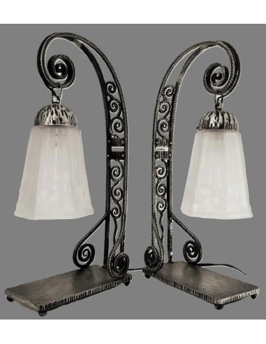 Pair of table lamps with tulip-shaped glass lampshades hanging in a socket on a wrought iron frame.