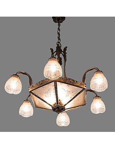Plafonnier à 8 lumières illuminé, cadre en bronze argenté, 6 bras, gobelets en verre et disques centrales gravés floralement