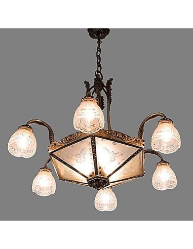 Plafonnier à 8 lumières illuminé, cadre en bronze argenté, 6 bras, gobelets en verre et disques centrales gravés floralement