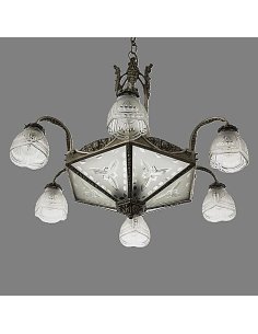 Plafonnier à 8 lumières illuminé, cadre en bronze argenté, 6 bras, gobelets en verre et disques centrales gravés floralement 2