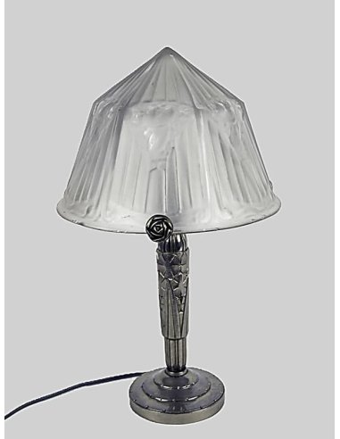 Lampe de table Art Déco avec abat-jour en verre en forme de champignon sur une base en bronze argenté