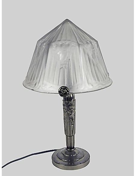 art deco tischleuchte mit glasschirm in champignon-form auf fuß aus silberbronze