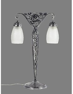 Art Deco Tischlampe auf schmiedeeisernem Fuß mit doppeltem Glasschirm, signiert Muller Freres Lunéville.