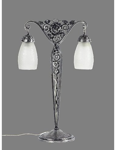 Art Deco table lamp on a wrought iron base with a double glass shade, signed Muller Freres Lunéville.