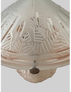 Kugelige Tischlampe von Muller Frères aus Glas mit Pagodenschirm, stilisiert mit Pfauen- und Blattmotiv. 2