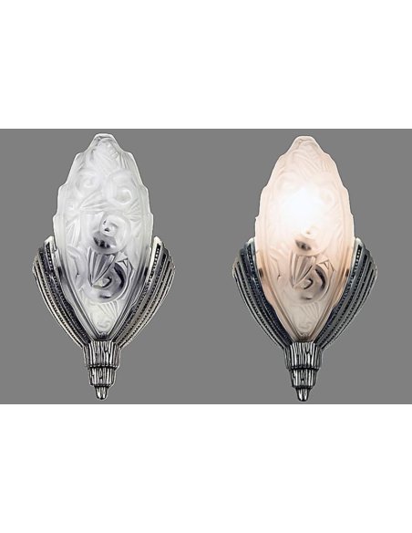 Pair of Art Deco wall lights with a silver bronze horn-shaped socket and a frosted glass shade florally stylized