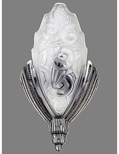 Art Deco wall light with a silver bronze horn-shaped socket and a frosted glass shade florally stylized