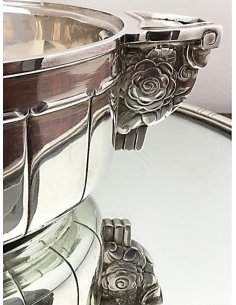 3-teilige versilberte Art Déco Jardinière von Saglier Frères mit Einsatz und auf Spiegel-Tablett, Paris 1925 2