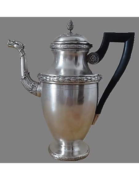 Ziselierte Silberne Cafetière von Altenloh Brüssel, Stil Directoire, Ausguss in Vogel-Form, Henkel ebonisiertes Holz