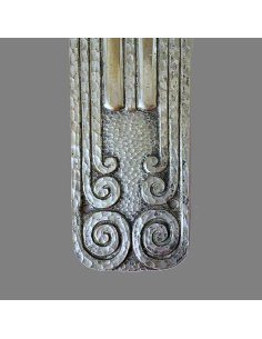 Pair of elongated door fittings in silver-plated brass with relief volutes and vertical lines, circa 1910–1925 2