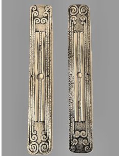 Pair of elongated door fittings in silver-plated brass with relief volutes and vertical lines, circa 1910–1925