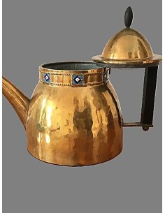 Art Nouveau teapot made of hammered brass with bluish enamel border and ebony handle, circa 1910, probably Munich 2