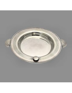 Silver-plated Art Deco bowl with side handles, children's plate with screw-on lid for filling with hot water, around 1920.