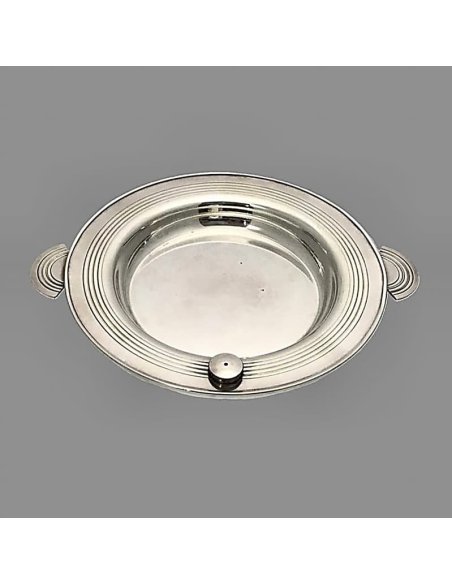 Silver-plated Art Deco bowl with side handles, children's plate with screw-on lid for filling with hot water, around 1920.