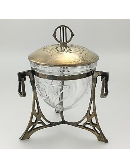 Versilbertes WMF Konfektglas um 1905 im Jugendstil mit Straußenmarke und Glaseinsatz