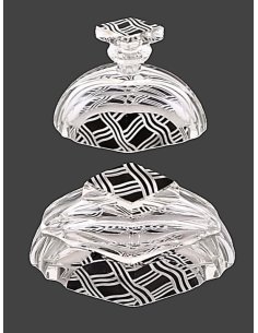 Art Deco toilet set with perfume bottle and powder box made of crystal glass & black solder decoration, circa 1930.