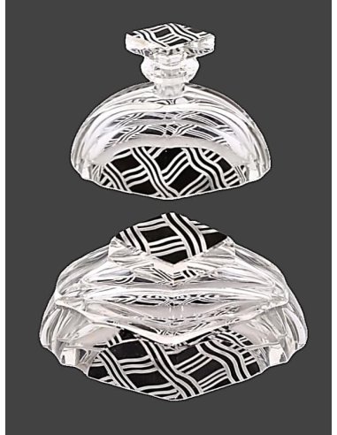 Art Déco Toilettengarnitur mit Parfumflakon und Puderdose aus Kristallglas, Schwarzlot-Dekor, um 1930.