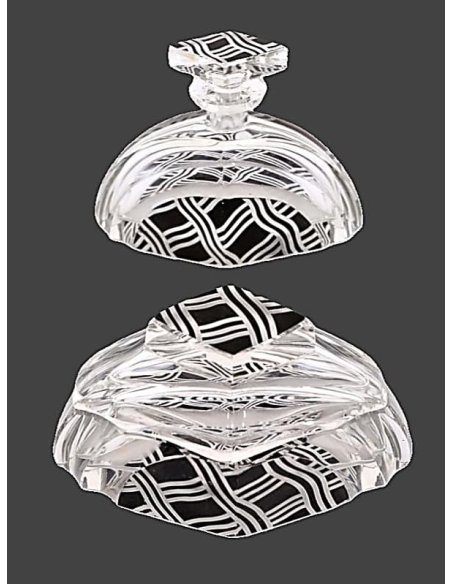 Art Deco toilet set with perfume bottle and powder box made of crystal glass & black solder decoration, circa 1930.