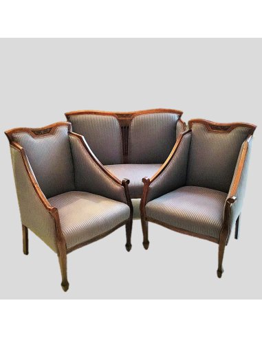 Seating group of a two-seater sofa and two armchairs made of walnut with thread inlays, fully upholstered, purple-blue cover.