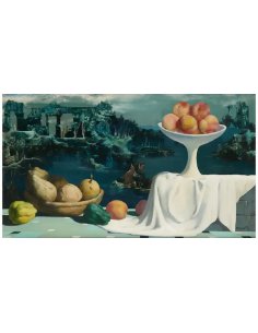 Painting by Marcel Delmotte, Fantasy Landscape with Ruins and Fruit (1966)