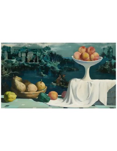 Painting by Marcel Delmotte, Fantasy Landscape with Ruins and Fruit (1966)