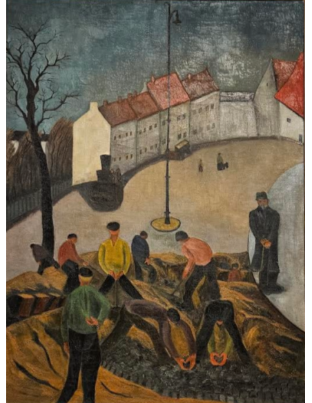 Genreszene mit Straßenarbeitern und Häuserzeile, Deutsche Schule, 1920–1930