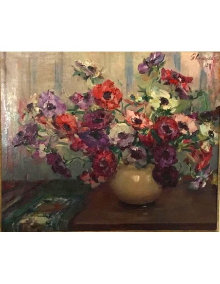 Blumenstillleben Hubert Glansdorff 1939, Strauß Anemonen in bauchiger Keramikvase.